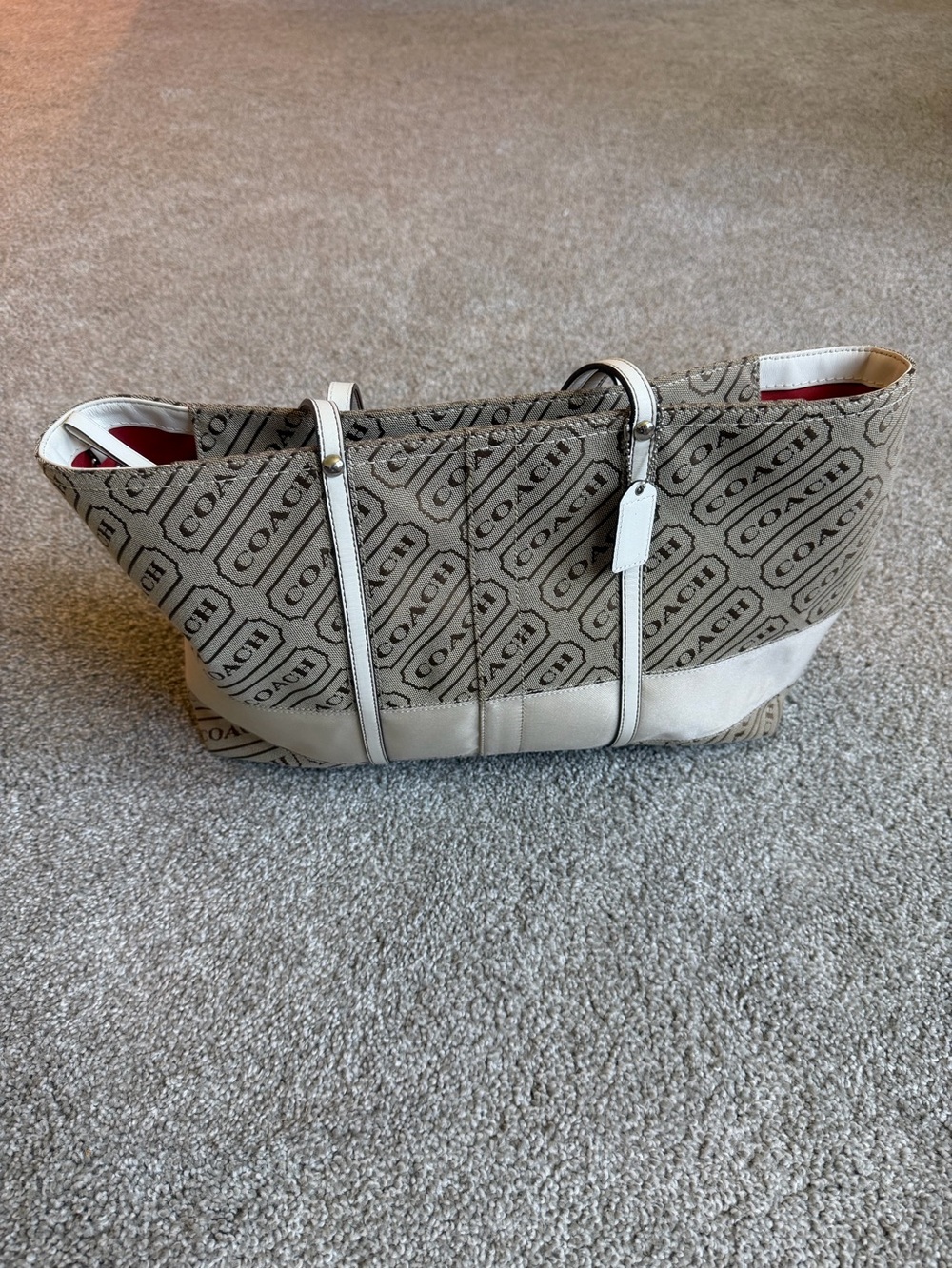Coach Beige Signature Logo Tote with White Trim